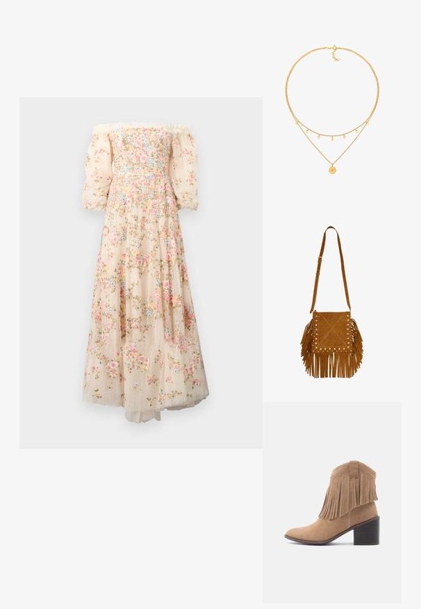 Robe décolletée, de couleur crème, avec broderies florales, manches bouffantes transparentes et une jupe superposée et fluide avec une texture à pois.; Bottine en daim beige avec un bout arrondi et un dessus à franges. Dotée d'un talon bloc de hauteur moyenne et d'un design robuste avec un détail en boucle à l'arrière.; Sac bandoulière en daim marron avec sangle réglable, décoré de clous métalliques et de franges sur les côtés et le bas.; Collier superposé en ton or featuring deux chaînes. Une chaîne est simple, tandis que la seconde comporte cinq médaillons et un pendentif en forme de soleil au centre.