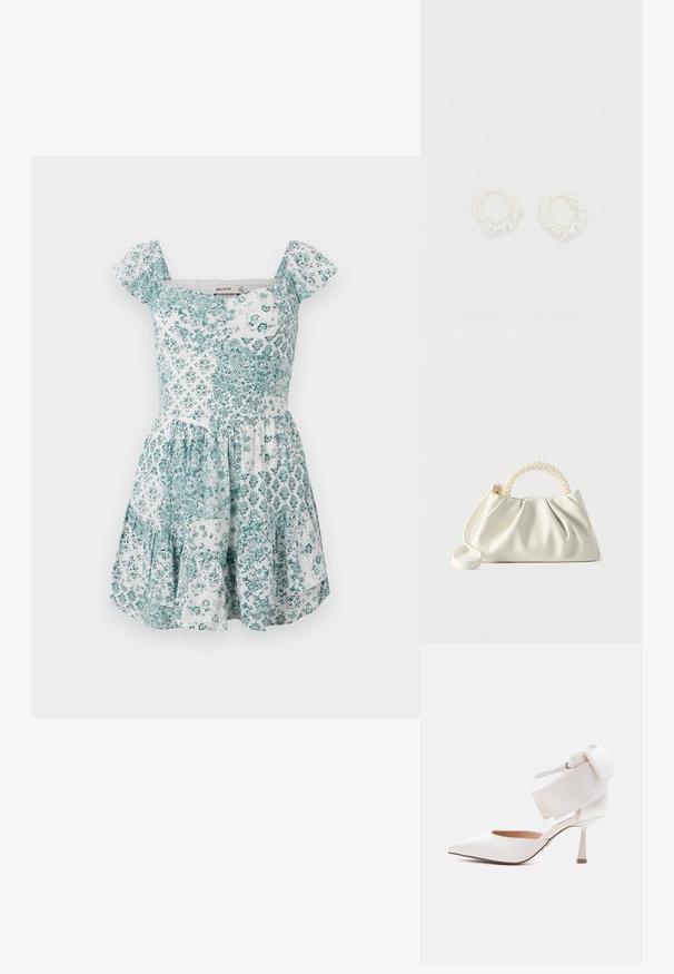 Vestido corto blanco de verano con patrones de flores en teal y parches geométricos, mangas cortas, escote cuadrado y falda acampanada.; Zapato blanco de tacón alto con punta puntiaguda, correa en el tobillo y un gran lazo decorativo en la parte trasera, mostrado de perfil sobre un fondo liso.; Pequeño bolso blanco con cuerpo fruncido, asa redonda adornada con perlas y una correa de hombro desmontable sobre un fondo liso.; Pendientes de aro blancos con una textura arrugada. Fabricados en material metálico, presentan un diseño retorcido y un acabado liso.