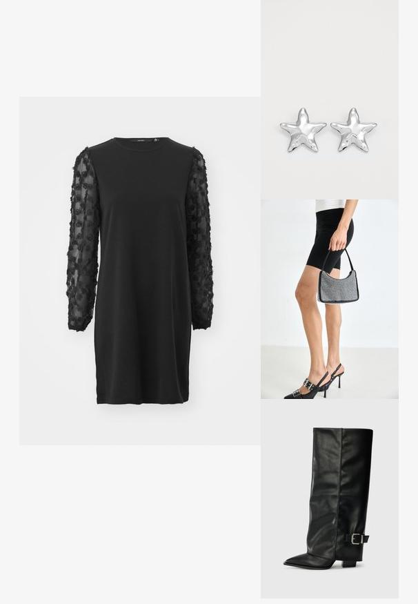 Schwarzes Kleid mit langen, durchsichtigen Ärmeln, die mit floralen Stickereien verziert sind. Einfacher Rundhalsausschnitt und lässige Passform mit geradem Schnitt.; Schwarze Lederstiefeletten in Knöchellänge mit spitzem Zehenbereich, glatter Oberfläche und silberner Schnallenakzent an der Seite. Massiver, quadratischer Absatz.; Schwarze Perlen-Handtasche mit geschwungener Silhouette, Tragegriff und glänzender Textur. Kombiniert mit schwarzen High Heels und enganliegenden schwarzen Shorts.; Silberne sternförmige Ohrringe mit einer polierten, glänzenden Oberfläche. Jeder Ohrring hat fünf Spitzen und dezente Oberflächentexturdetails.