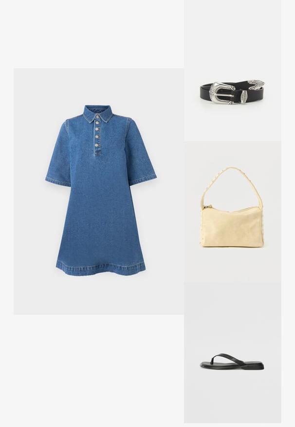 Vestido de mezclilla con cuello tipo camisa, mangas cortas y cinco botones metálicos en la parte delantera. Tejido azul con una textura suave y un ligero desvanecimiento.; Chancla negra de piel suave, con un diseño de tira delgada y una suela plana de perfil mínimo. Sin patrones ni acentos notables.; Pequeño bolso de cuero beige con una sola correa y tachuelas plateadas a lo largo de los bordes y la correa, sobre un fondo liso.; Cinturón de cuero negro con una gran hebilla de metal plata que presenta un detallado intrincado y acentos decorativos en ambos extremos.