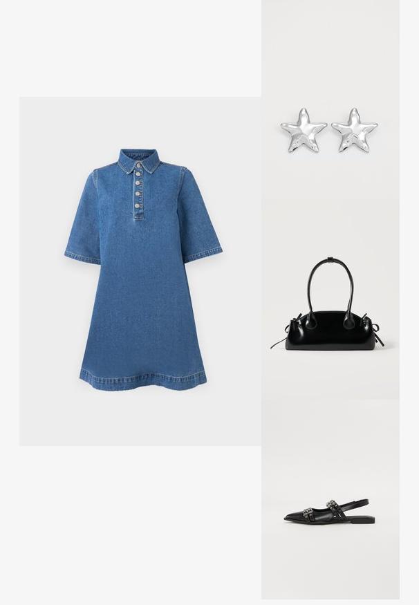 Robe en denim avec un col, des manches courtes et cinq boutons métalliques à l'avant. Tissu bleu avec une texture lisse et un léger délavage.; Even&Odd by Zalando Ballerines à brides arrière - black; Petit sac à main noir brillant avec deux longues anses et des détails à cordon sur les côtés sur un fond clair uni.; Boucles d'oreilles argentées en forme d'étoile, avec une surface lisse et brillante. Chaque boucle d'oreille possède cinq pointes et des détails subtils de texture de surface.