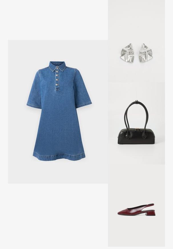 Vestido de mezclilla con cuello tipo camisa, mangas cortas y cinco botones metálicos en la parte delantera. Tejido azul con una textura suave y un ligero desvanecimiento.; Zapato slingback de cuero granate con punta afilada y tacón bajo de bloque, mostrado de perfil sobre un fondo claro y sencillo.; Bolso de mano de cuero negro con dos asas alargadas, cierre de cremallera y forma redondeada; textura suave con un acabado ligeramente brillante.; Pendientes de metal plateado con un diseño ondulado y escultórico, que presentan un acabado pulido y formas irregulares, destacando una estética contemporánea.