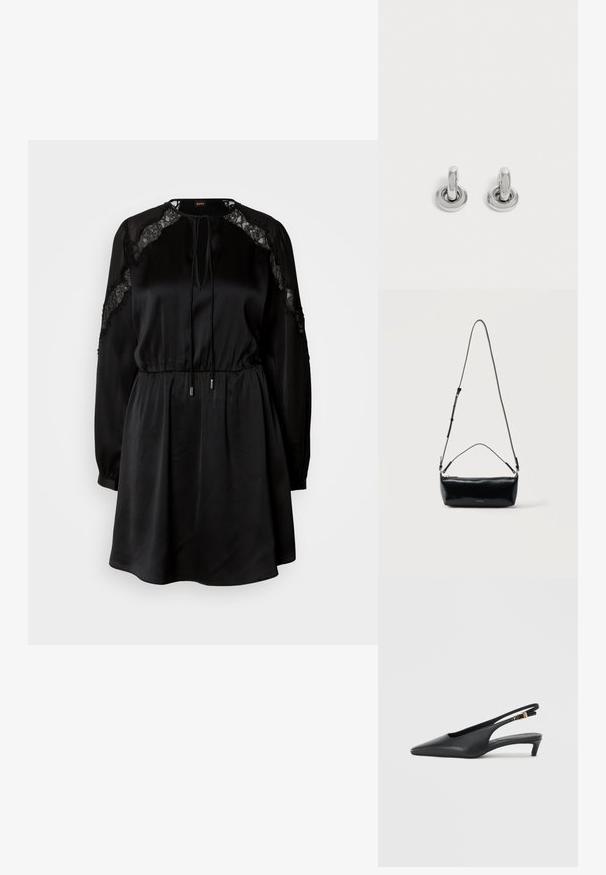 Robe noire en tissu satin avec des détails en dentelle sur les manches. Elle présente un col rond, une taille à cordon et des manches longues et effilées.; Des escarpins à talon ouvert noirs avec un bout pointu, une texture en cuir lisse, un petit talon aiguille, et une sangle avec un accent de boucle en métal.; Sac bandoulière rectangulaire en cuir noir avec bandoulière ajustable, fermeture éclair sur le dessus et petit logo Calvin Klein doré sur le devant.; Paire de petites boucles d'oreilles créoles argentées brillantes avec une base ronde, présentées sur un fond clair uni.