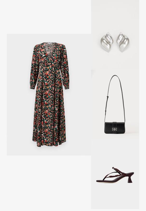 Vestido maxi floral con base negra y flores rojas, rosas y verdes. Mangas largas, escote en V profundo y silueta fluida.; Sandalia de tacón oscura roja con tiras y hebillas ajustables, tacón medio acampanado sobre una superficie plana.; Bolso de hombro de cuero negro con correa ajustable y cierre rectangular plateado con las letras A y X sobre un fondo liso.; Pendientes de plata con una forma orgánica y abstracta. Superficie lisa y brillante con un diseño cónico. Presentan suaves curvas y un detalle de línea central.