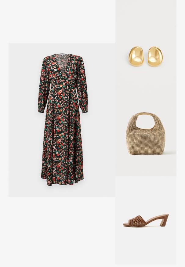 Vestido maxi floral con base negra y flores rojas, rosas y verdes. Mangas largas, escote en V profundo y silueta fluida.; Mule marrón tejido con punta abierta, tacón ancho y diseño sin cierre sobre un fondo blanco liso.; Bolso pequeño de tono dorado cubierto de tachuelas redondas brillantes con un asa corta y un recorte rectangular en la parte superior.; Pendientes de studs en color dorado con una forma suave y redondeada y una superficie reflectante, que exhiben un diseño minimalista y sin patrones visibles.