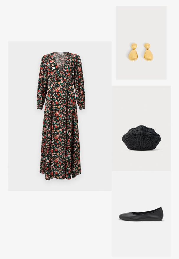 Maxikleid mit floralem Muster, das einen schwarzen Grundton mit roten, pinken und grünen Blumen hat. Lange Ärmel, tiefes V-Ausschnitt und fließende Silhouette.; Schwarze Leder-Ballettschuhe mit abgerundeter Spitze, glatter Textur, minimalen Nähdetails und einem flexiblen Sohlen-Design.; Schwarze Korbtasche in Muschelform mit gebogenem Oberteil und gewebter Textur auf einfarbigem Hintergrund.; Paar glänzende goldene tropfenförmige Ohrringe mit einem kleineren abgerundeten oberen Teil, der mit einem größeren birnenförmigen unteren Teil verbunden ist.
