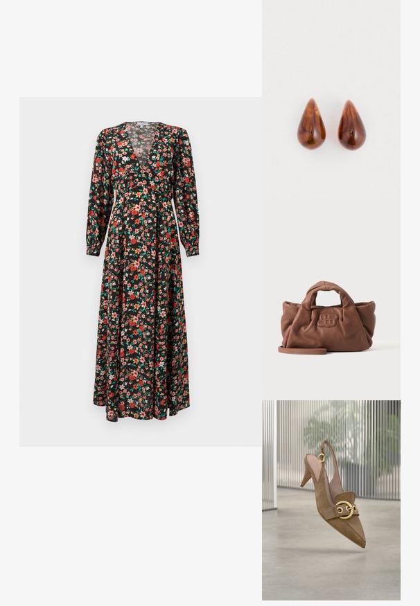 Vestido maxi floral con base negra y flores rojas, rosas y verdes. Mangas largas, escote en V profundo y silueta fluida.; Zapato de tacón alto con tira trasera de ante marrón, detalle de hebilla dorada, punta afilada y tacón stiletto de altura media sobre un fondo desenfocado.; Bolso de mano de cuero marrón suave con asas cortas, un logo cosido en la parte delantera y una correa larga desmontable sobre un fondo claro y liso.; Paare de pendientes brillantes de color marrón en forma de lágrima con sutiles patrones más oscuros sobre un fondo blanco.