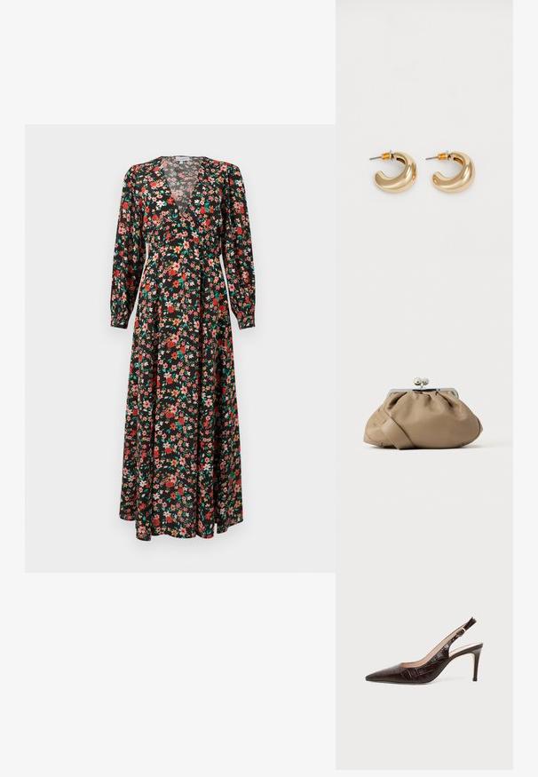 Vestido maxi floral con base negra y flores rojas, rosas y verdes. Mangas largas, escote en V profundo y silueta fluida.; Zapato con tacón alto de piel marrón oscuro con talón descubierto, puntera puntiaguda y hebilla dorada, con estampado de cocodrilo en relieve.; Bolso de mano de cuero marrón claro con un diseño fruncido y cierre con broche plateado. Cuenta con una correa delgada y plana y una textura suave.; Dos pendientes de aro dorados brillantes en un diseño curvado, con acentos naranjas cerca del poste, sobre un fondo blanco liso.