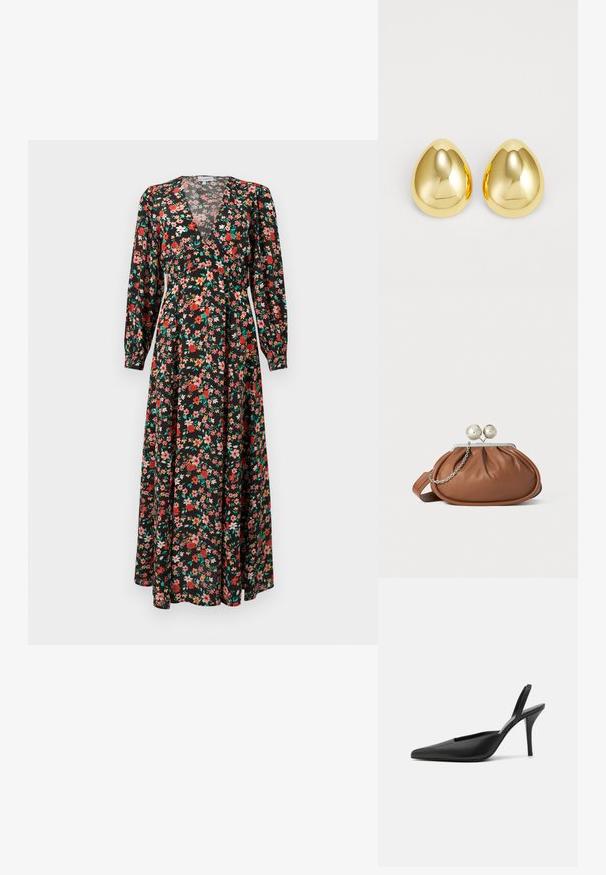 Florale maxi jurk met een zwarte basis en rode, roze en groene bloemen. Lange mouwen, diepe V-hals en vloeiende silhoët.; Zwarte slingback hakken met een spitse neus, van soepel leer en een strak, minimalistisch ontwerp. Hoge stilettolahak.; Bruine leren clutch met een zilveren balsluiting en een klein zilveren kettingdetail op een witte achtergrond.; Gouden studoorbellen met een gladde, gepolijste afwerking en een druppelvorm, die licht reflecteren voor een glanzende uitstraling.