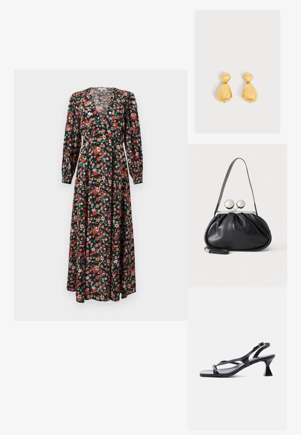Florale maxi jurk met een zwarte basis en rode, roze en groene bloemen. Lange mouwen, diepe V-hals en vloeiende silhoët.; Zwarte lederen damessandaal met dunne riempjes, vierkante neus, verstelbare enkelgesp en uitgewerkte hak van gemiddelde hoogte.; Zwarte leren handtas met een geplooid ontwerp, een enkele schouderband, zilverkleurige metalen omlijsting en twee grote ronde zilveren sluitingen.; Paar glanzende gouden druppelvormige oorbellen met een kleiner afgerond bovenstuk verbonden met een groter peer-vormig onderstuk.