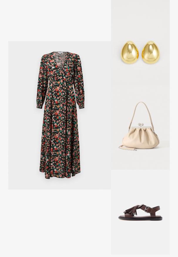Florale maxi jurk met een zwarte basis en rode, roze en groene bloemen. Lange mouwen, diepe V-hals en vloeiende silhoët.; Bruine lederen sandaal met enkelriem, zilveren gesp, zwarte platte zool en kwastdecoratie op de voorste riem.; Beige zachte leren handtas met een zilveren metalen frame sluiting, een enkele schouderriem en een optionele kettingriem op een witte achtergrond.; Gouden studoorbellen met een gladde, gepolijste afwerking en een druppelvorm, die licht reflecteren voor een glanzende uitstraling.