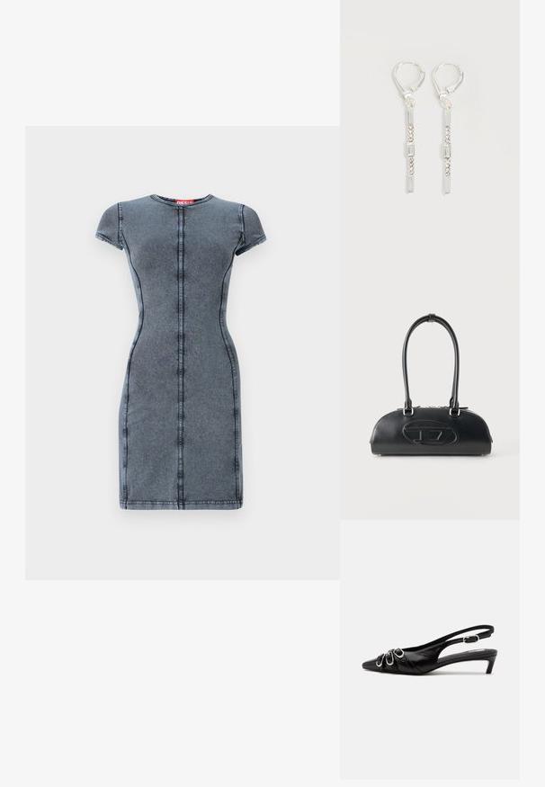 Robe en denim gris foncé avec des manches courtes, un col rond et un détail de couture centrale. Texture lisse, silhouette ajustée, longueur genou.; Chaussure slingback en cuir noir avec bout pointu, trois boucles argentées à l'avant et petit talon kitten sur fond blanc.; Sac à main en cuir noir avec longues poignées doubles et logo ovale embossé sur le devant, présenté sur un fond clair uni.; Boucles d'oreilles pendantes en argent avec des cristaux clairs rectangulaires et ronds alignés verticalement, sécurisées par des fermoirs à levier.