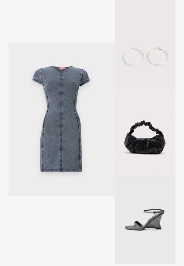 Denim kjole i mørkegrå med korte ærmer, rund hals og central syning. Glat tekstur, tætsiddende silhuet, knælang.; Sølvsandaler med glimmer, kilehæl, åben tå, ankelrem og guldlås, vist fra siden på en ensfarvet lys baggrund.; Sort tekstureret læderhåndtaske med samlet elastikhåndtag og diskret "Karl Lagerfeld Jeans" logo foran nederst i midten.; Par skinnende sølvøreringe med tynde trådlåse, vist på en lys grå baggrund.