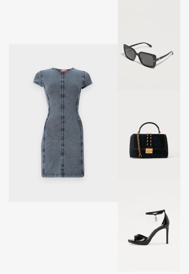 Denim jurk in donkergrijs met korte mouwen, een ronde hals en centrale stiksel details. Glad textuur, getailleerd silhouet, knielang.; Zwarte lakleren hoge hakken sandalen met een open teen, enkelbandje en een zilveren charmeaccent. Beschikt over een slank, modern ontwerp.; Zwarte oversized vierkante zonnebril met donker getinte glazen en dunne pootjes, voorzien van kleine gouden accenten en Polaroid-logo aan de zijkant.; Zwarte suède handtas met gouden kettingdetail, studs en een handvat aan de bovenkant, voorzien van een rechthoekige gouden gesp gegraveerd met "Michael Kors".