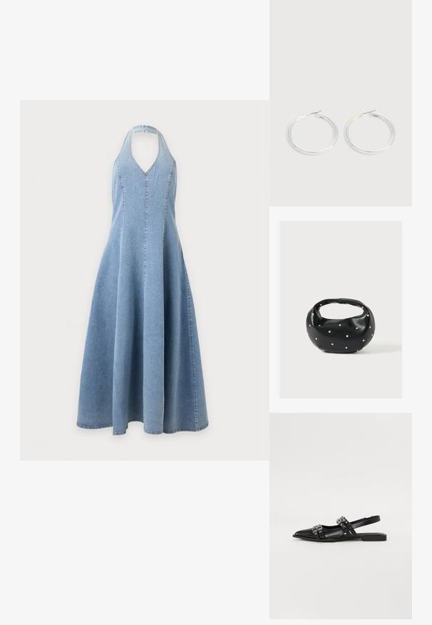 Φόρεμα από ανοιχτό μπλε τζιν με halter neck, εφαρμοστό μπούστο και φουσκωτή φούστα, εμφανιζόμενο σε απλό ανοιχτό φόντο.; Even&Odd Μπαλαρίνες με λουράκι στον αστράγαλο - black; Μαύρη δερμάτινη τσάντα χειρός με στρογγυλεμένο σχήμα, διακοσμημένη με ασημένιες λεπτομέρειες με καρφιά και κοντή λαβή. Λείο υλικό και κλείσιμο με φερμουάρ.; Ζεύγος λαμπερών ασημένιων κρίκων με λεπτές σύρμα σφραγίδες, παρουσιασμένα σε ανοιχτό γκρι φόντο.