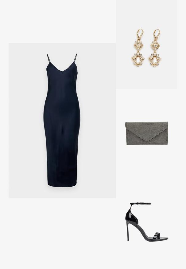 Navyblauwe, mouwloze jurk met dunne banden, v-hals, zachte textuur en aansluitende silhouet, die tot halverwege de kuit reikt.; ESTRO Sandalen - black; Zwarte stoffen clutch met een getextureerd studpatroon en envelopsluiting, met een strakke rechthoekige vorm en zonder zichtbare hardware.; Gouden hangoorbellen met een clusterontwerp, versierd met ronde en druppelvormige heldere kristallen, die zich kenmerken door ingewikkelde details.