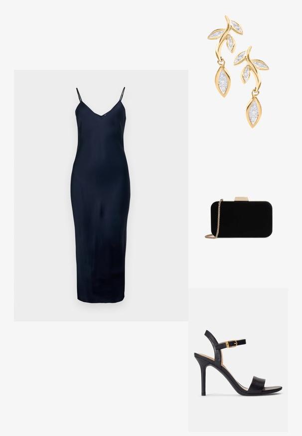 Robe sans manches bleu marine avec de fines bretelles, décolleté en V, texture lisse et silhouette ajustée, atteignant le mi-mollet.; Sandales à talons hauts noires avec un dessus en cuir lisse, bout ouvert et un design à une seule sangle agrémenté d'une boucle en or.; Pochette en velours noir avec quincaillerie dorée, de forme rectangulaire, et une bandoulière en chaîne, présentant une texture lisse et sans motifs visibles.; DIAMANT L'ÉTERNEL Boucles d'oreilles - gold coloured