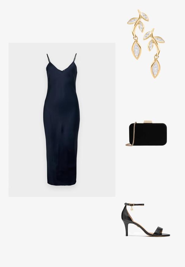 Vestido sin mangas de color azul marino, con tirantes finos, escote en V, textura suave y silueta ajustada, que llega a mitad de la pantorrilla.; Sandalia de tacón alto de cuero negro con una sola cinta sobre los dedos, cinta en el tobillo, herrajes dorados y un esbelto tacón de aguja.; Clutch de terciopelo negro con herrajes en tono dorado, de forma rectangular y con correa de cadena, que presenta una textura suave y sin patrones visibles.; DIAMANT L'ÉTERNEL Pendientes - gold coloured