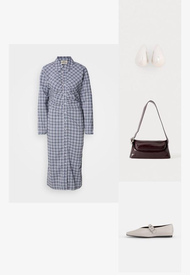 Vestido camisero de manga larga y botones en azul y blanco a cuadros. Presenta una cintura ceñida y un corte recto, fabricado en tejido ligero.; Zapato plano de cuero beige con punta afilada, un detalle de hebilla lateral y suela negra baja. Textura suave y diseño minimalista.; Bolso bandolera de cuero burdeos oscuro con cierre de solapa y una correa ajustable delgada, exhibido sobre un fondo claro y liso.; Pendientes de gota de metal plateado con una superficie suave y reflectante, en forma de lágrima, que presentan un diseño sin costuras y sin embellishments visibles.