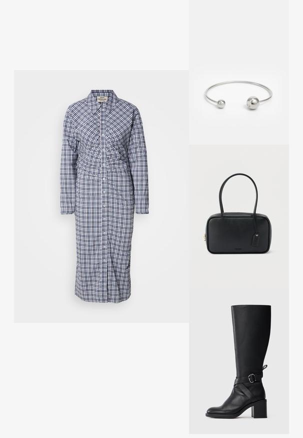 Vestido camisero de manga larga y botones en azul y blanco a cuadros. Presenta una cintura ceñida y un corte recto, fabricado en tejido ligero.; Bota de cuero negro hasta la pantorrilla con tacón cuadrado y tira decorativa que presenta un hebilla plateada sobre un fondo claro liso.; Bolso rectangular negro con asas dobles redondeadas, cremallera dorada y logo "HUGO" en relieve en el frente con etiqueta de cuero adjunta.; Brazalete de metal plateado con dos acentos esféricos en cada extremo, superficie lisa, diseño abierto y forma elegante y minimalista.
