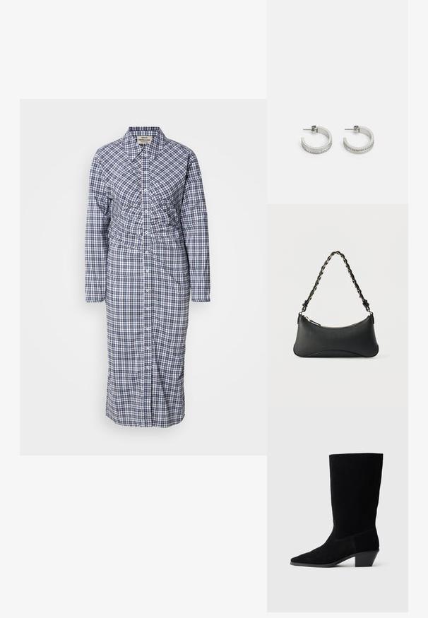 Vestido camisero de manga larga y botones en azul y blanco a cuadros. Presenta una cintura ceñida y un corte recto, fabricado en tejido ligero.; Botín de ante negro hasta el tobillo con punta afilada, caña de altura media y tacón grueso. Presenta costuras mínimas y una textura suave.; Bolso de hombro de cuero negro con forma rectangular curvada, cadena dorada entrelazada en una correa negra trenzada y cierre superior con cremallera.; Pendientes de aro plateados con una superficie lisa y una fila de pequeñas piedras transparentes a lo largo del borde inferior, con cierre de perno.