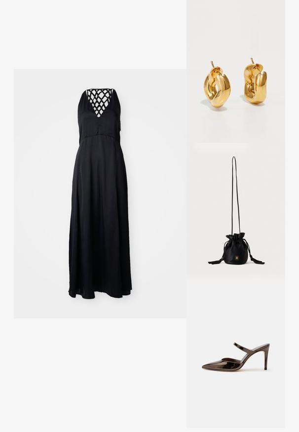 Schwarzes Maxi-Kleid mit V-Ausschnitt und überkreuzten Trägern auf der Rückseite. Leichter Stoff, fließende Silhouette und knöchellanger Schnitt.; Glänzender dunkelbrauner Mule mit spitzer Spitze und hohem Absatz mit schmalem Riemen über dem Spann vor weißem, einfachem Hintergrund.; Schwarze Bucket Bag mit Kordelzug, langem dünnem Riemen und kleinem goldenem quadratischem Logo vorne, vor einfachem Hintergrund präsentiert.; Fette goldene Creolen mit einem leicht verdrehten, röhrenförmigen Design und Steckverschlüssen auf einem weißen Hintergrund.