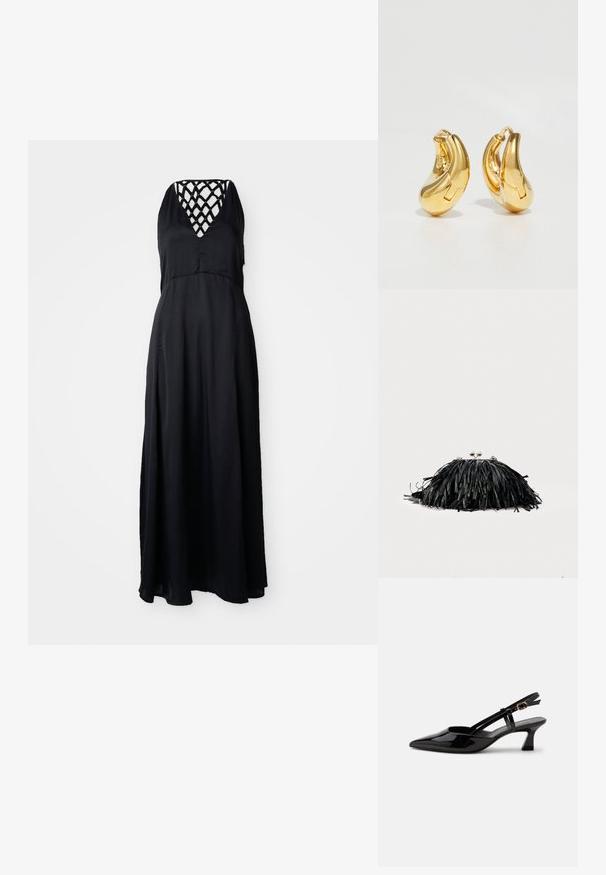 Robe maxi noire avec un décolleté en V et un design de sangles entrecroisées à l'arrière. Tissu léger, silhouette fluide et coupe mi-mollet.; Chaussure slingback en cuir verni noir à petit talon, bout pointu et bride réglable avec boucle dorée sur fond blanc.; Pochette noire à franges avec fermoir argenté et chaîne, sur un fond clair uni.; Boucles d'oreilles en or en forme de d'anneaux lisses et courbés avec une finition polie. Équipées d'un mécanisme de fermeture et de légères indentations pour le détail.