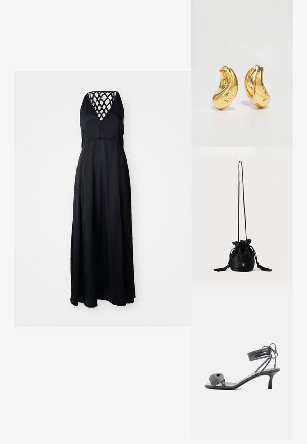 Robe maxi noire avec un décolleté en V et un design de sangles entrecroisées à l'arrière. Tissu léger, silhouette fluide et coupe mi-mollet.; Sandale à talon en cuir gris avec une bride nouée sur les orteils et des lacets enroulants autour de la cheville, sur un talon moyen et fin, sur fond blanc.; Sac seau noir à cordon avec une longue sangle fine et un petit logo carré doré sur le devant, présenté sur un fond uni.; Boucles d'oreilles en or en forme de d'anneaux lisses et courbés avec une finition polie. Équipées d'un mécanisme de fermeture et de légères indentations pour le détail.