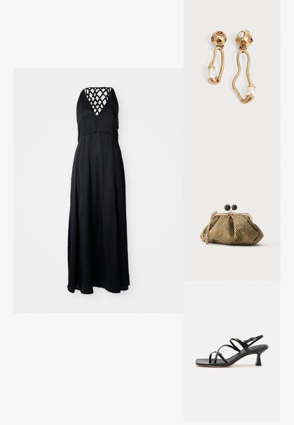 Robe maxi noire avec un décolleté en V et un design de sangles entrecroisées à l'arrière. Tissu léger, silhouette fluide et coupe mi-mollet.; Sandales à strapes en cuir verni noir avec un bout carré et un petit talon carré. Présente des accessoires en métal doré et des brides de cheville réglables.; Petite pochette avec motif géométrique doré et noir, cadre en métal doré, fermeture à boule noire et une courte chaîne dorée.; Boucles d'oreilles en ton doré avec des formes ouvertes irrégulières, chacune ornée d'une perle en bas et de détails en pierres précieuses sur les clous ronds.