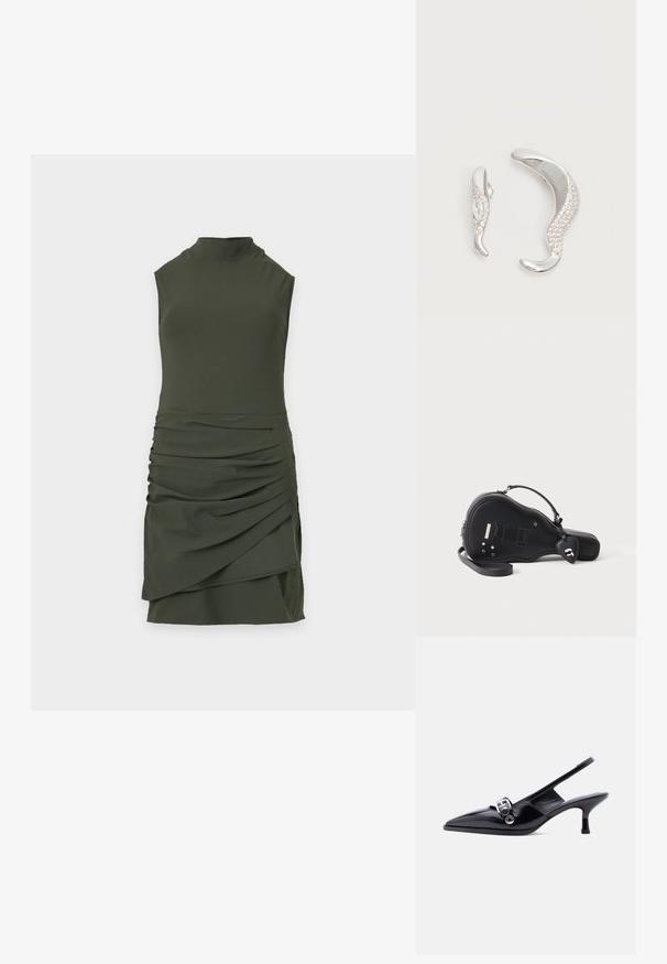 Ärmelloses, dunkelgrünes Minikleid mit hohem Halsausschnitt und gerafften, drapierten Details am Rock vor einem schlichten, hellen Hintergrund.; Schwarzer Slingback-Pumps aus Lackleder mit kleinem Absatz, spitzer Zehenpartie und silberner Schnallendetail, auf einfachem weißem Hintergrund.; Schwarze Handtasche in Form einer E-Gitarre mit geprägten Saiten, Reißverschlussverschluss und Handgelenksriemen auf weißem Hintergrund.; Zwei gebogene silberne Ohrringe, einer größer als der andere, beide mit kleinen funkelnden Kristallen entlang einer Kante verziert.