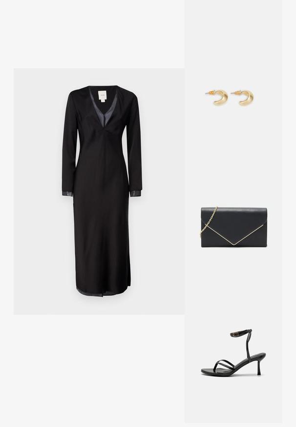 Robe noire à manches longues en tissu doux, dotée d'un décolleté en V profond, d'accents en satin sur le col et de fentes latérales pour faciliter les mouvements.; Sandales à talons hauts noires avec un design à fines lanières, texture lisse, boucle à la cheville et bout pointu. Détail de bride de cheville ajustable.; Pochette en simili cuir noir avec une chaîne dorée. Présente un design d'enveloppe structuré avec un accent doré en diagonale le long de la fermeture.; Boucles d'oreilles en forme de croissant en or avec une finition lisse, présentant des accents orange près du clou et un matériel en argent.