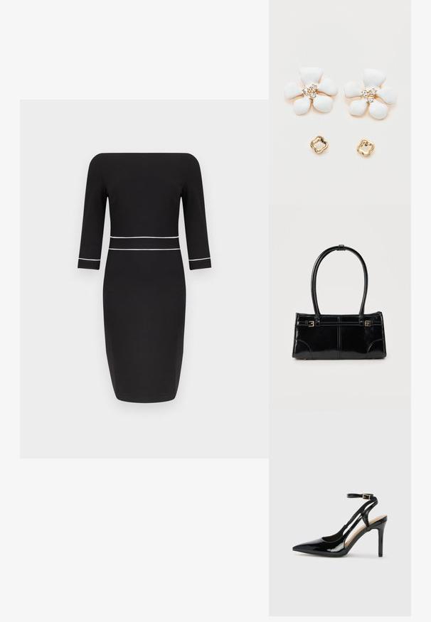 Robe midi noire avec manches trois-quarts, encolure bateau et détail de passepoil blanc à la taille et aux poignets des manches.; Escarpin en cuir verni noir à talon haut, avec un bout pointu, une bride réglable à la cheville et des côtés ouverts. Texture lisse.; Sac à main rectangulaire noir brillant avec deux fines bretelles et petits détails de boucles dorées à l'avant.; Paire de boucles d'oreilles en ton or avec des fleurs à cinq pétales en émail blanc et trois petits strass clairs au centre, accompagnées de clous d'oreilles en forme de fleurs ton or.