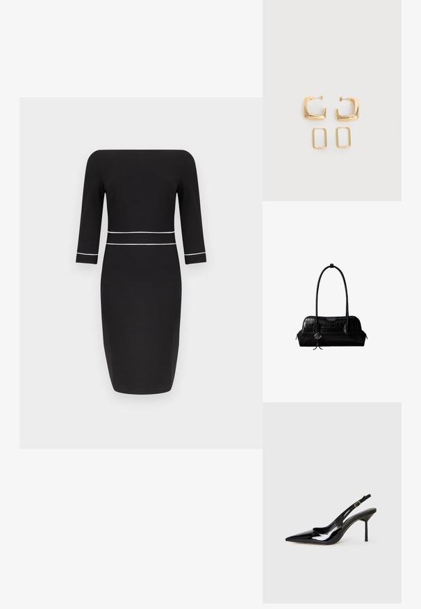 Robe midi noire avec manches trois-quarts, encolure bateau et détail de passepoil blanc à la taille et aux poignets des manches.; Sandale à talon aiguille en cuir verni noir à bout pointu, avec une fine sangle et une boucle dorée sur fond blanc.; Sac à épaule en cuir noir à texture crocodile, avec de longues sangles et un petit charm logo argenté sur une sangle.; Deux paires de Boucles d'oreilles créoles géométriques dorées sur une surface blanche unie, une paire carrée et pleine, une paire rectangulaire et creuse.