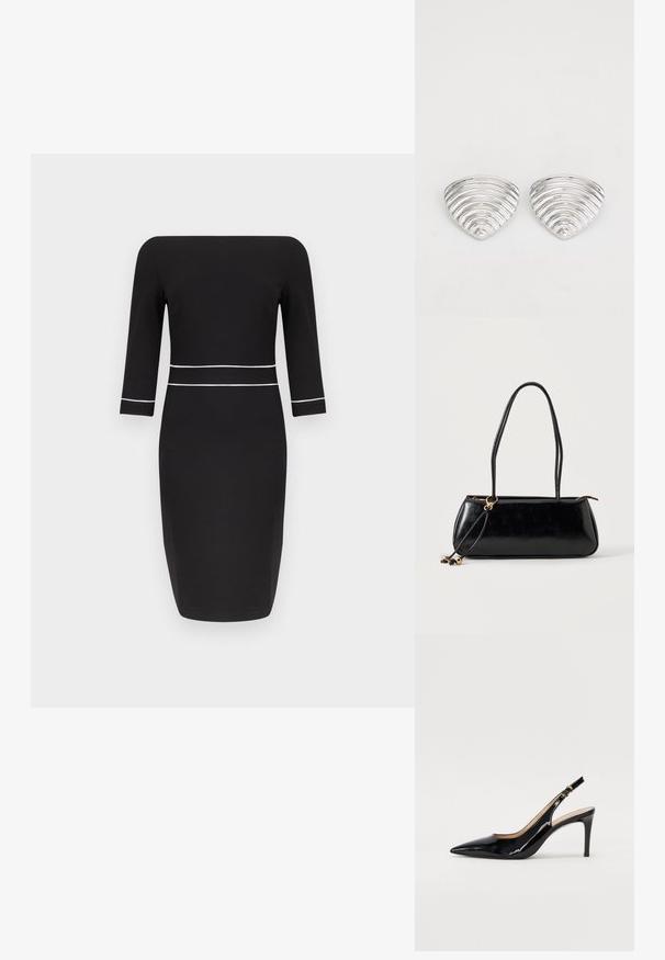 Robe midi noire avec manches trois-quarts, encolure bateau et détail de passepoil blanc à la taille et aux poignets des manches.; Pompe slingback en cuir verni noir avec un bout pointu, un talon fin et un design de découpes subtil. Elle dispose d'une boucle dorée sur la sangle.; Sac à main rectangulaire noir avec deux longues bandoulières, détail anneau doré et fermeture éclair sur un fond clair uni.; Boucles d'oreilles en argent avec un design ondulé et texturé, en forme de croissants superposés ; la finition polie accentue les qualités réfléchissantes.