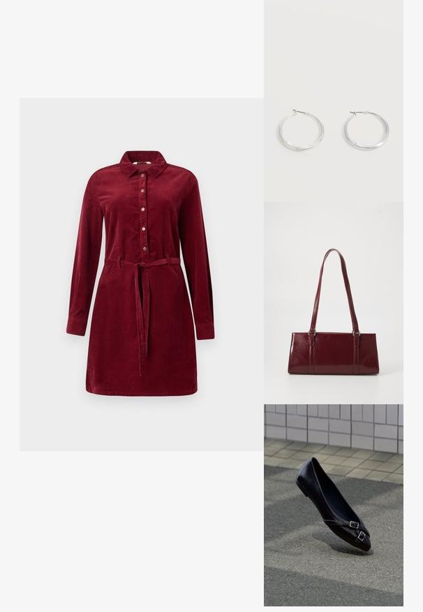 Bordeaux corduroy jurk met lange mouwen, knopen aan de voorkant, kraag en tailleband. Voorzien van zijknopen en een licht uitlopende rok.; Zwarte spitse ballerina met twee kleine zilveren gespen zwevend boven asfalt bij een achtergrond van betegelde muur.; Bourgondische handtas van glanzend materiaal, rechthoekige vorm, met twee schouderbanden en subtiele gebogen accenten aan de voorkant.; Zilverkleurige metalen creolen oorbellen met een glad, licht gebogen oppervlak en sluitingen met haaksluiting op een effen witte achtergrond.
