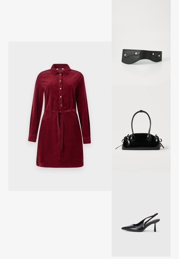 Bordeaux corduroy jurk met lange mouwen, knopen aan de voorkant, kraag en tailleband. Voorzien van zijknopen en een licht uitlopende rok.; Zwarte leren slingback hoge hak schoenen met puntige neus en slanke hak op een witte achtergrond.; Kleine zwarte glanzende handtas met twee lange hengsels en zijkant trekkoord details op een effen lichte achtergrond.; Zwarte leren riem met twee ronde zakken, vastgezet met zilveren drukknoopjes. Glad oppervlak, licht gebogen ontwerp.