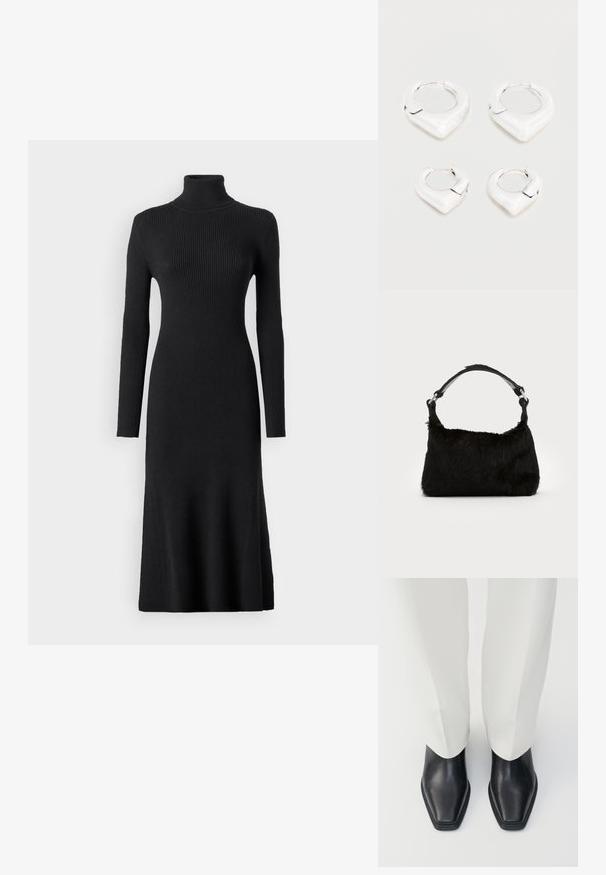 VILA Maxi Knitted - Φόρεμα-πουλόβερ - black; Μαύρες δερμάτινες μπότες έως τον αστράγαλο με αιχμηρή μύτη και χαμηλό χοντρό τακούνι, συνδυασμένες με λευκά παντελόνια σε φαρδιά γραμμή. Λείο υφασμά, κομψός σχεδιασμός.; Μαύρη τσάντα χειρός από ψεύτικη γούνα με απαλή υφή, στρογγυλή σχήμα και ανθεκτική μαύρη δερμάτινη ιμάντα ώμου. Ορατά ασημένια αξεσουάρ.; Δύο ζευγάρια λαμπερά ασημένια σκουλαρίκια κρίκοι με χαρακτηριστικό αιχμηρό, σε σχήμα V, σχέδιο, παρουσιασμένα σε λευκό φόντο.