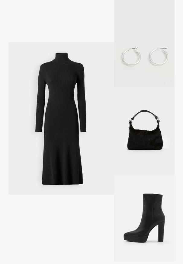 VILA Maxi Knitted - Robe pull - black; Bottine noire en cuir texturé, avec un bout pointu, une plateforme épaisse et un talon bloc haut. Surface lisse, détails minimalistes.; Sac à main en fausse fourrure noire avec une texture douce, une forme arrondie et une bandoulière en cuir noir robuste. Accent en métal argenté visible.; Paire de boucles d'oreilles créoles moyennes argentées brillantes avec de fines attaches métalliques sur un fond clair et neutre.