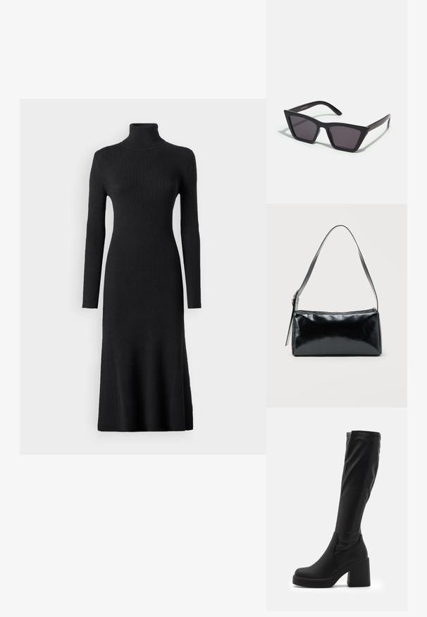 VILA Maxi Knitted - Robe pull - black; Bottes noires montantes en matériau synthétique lisse, dotées d'un épais talon carré et d'un design épuré avec un haut élastiqué.; Lunettes noires angulaires avec des verres gris ; fabriquées en plastique, avec des branches épaisses à la surface lisse et sans matériel visible.; Sac d'épaule rectangulaire noir avec une sangle réglable unique et une fermeture éclair supérieure sur un fond uni.