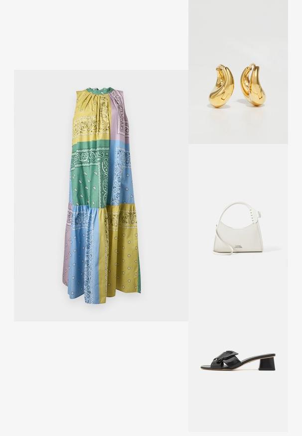 Robe maxi sans manches avec un design patchwork à étages présentant des imprimés cachemire et floraux en jaune, vert, bleu et lavande.; Sandales à glissière en cuir noir avec une large sangle ornée de chaînes, bout ouvert et talon géométrique haut. Texture lisse et design minimaliste.; Sac à main en cuir blanc avec une forme incurvée, orné de petites clous blancs le long de la poignée. Il dispose d'une longue sangle et d'un logo embossé à l'avant.; Boucles d'oreilles en or en forme de d'anneaux lisses et courbés avec une finition polie. Équipées d'un mécanisme de fermeture et de légères indentations pour le détail.