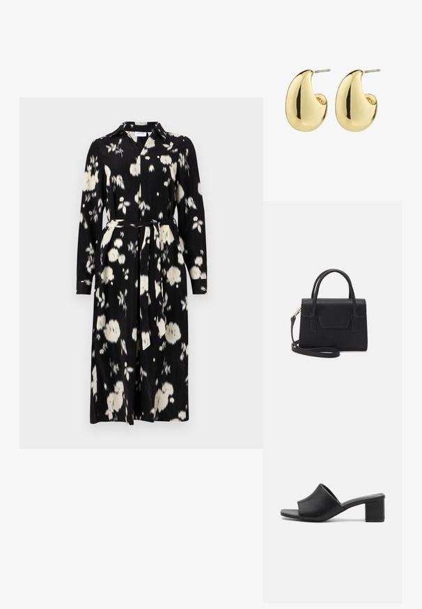 Vestido negro con patrón floral blanco, hecho de una tela suave, cuenta con un cuello, mangas largas y un cinturón a juego en la cintura.; Mulas de tacón cuadrado de cuero negro con punta abierta, que presentan una superficie lisa y una parte superior ligeramente curvada para mayor comodidad y estilo.; Bolso estructurado negro de cuero con un asa superior, correa de hombro desmontable y un detalle de tapa en la parte frontal. Acentos en dorado.; Pendientes de stud en tono dorado con una superficie suave y pulida, que presentan una forma abstracta en forma de lágrima. Hardware de metal simple para la sujeción.