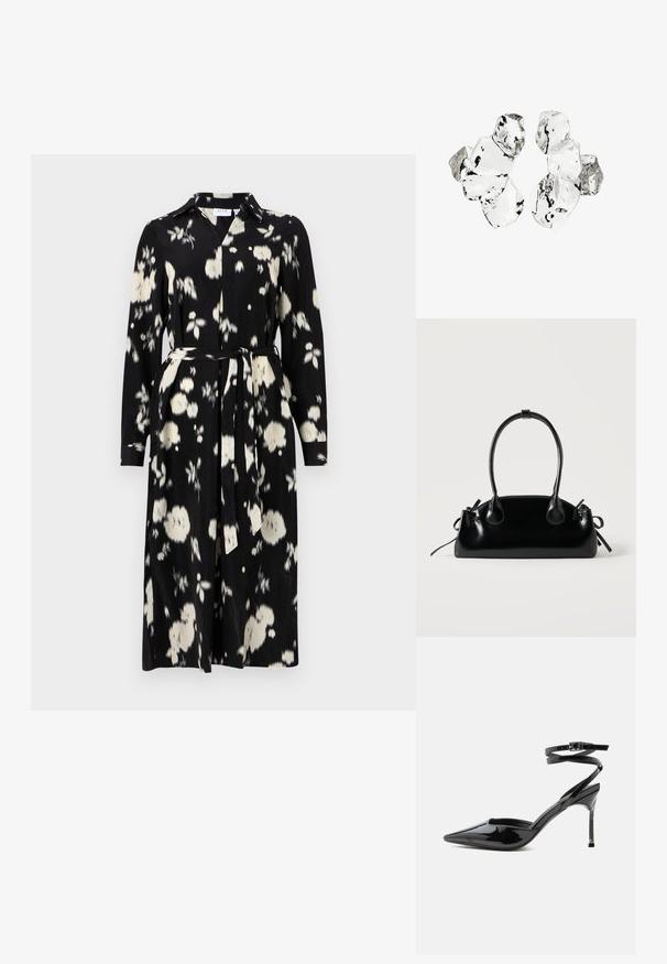 Vestido negro con patrón floral blanco, hecho de una tela suave, cuenta con un cuello, mangas largas y un cinturón a juego en la cintura.; Tacón stiletto de charol negro con punta puntiaguda, tiras finas en el tobillo y cierre pequeño de hebilla.; Pequeño bolso negro brillante con dos asas largas y detalles de cordón lateral sobre un fondo claro liso.; Conjunto de seis piezas de forma irregular, translúcidas y reflectantes, similares al vidrio, dispuestas sobre un fondo blanco.