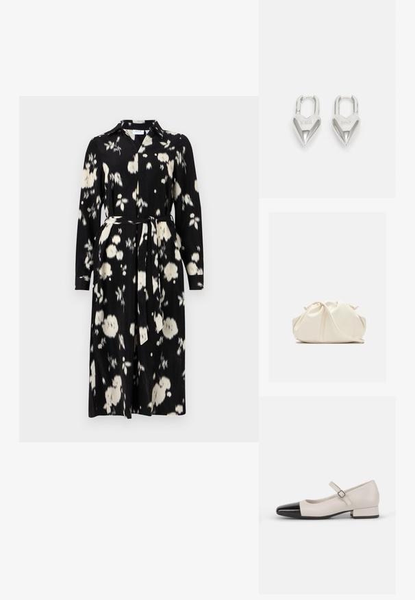 Vestido negro con patrón floral blanco, hecho de una tela suave, cuenta con un cuello, mangas largas y un cinturón a juego en la cintura.; Zapato estilo Mary Jane en cuero crema con puntera de charol negro. Presenta una punta redonda, tirante en el tobillo con una hebilla cuadrada y un tacón bajo y cuadrado.; Bolso de mano de cuero suave de color crema con diseño fruncido y plisado y una delgada correa para el hombro que descansa delante sobre un fondo liso.; Candados en forma de corazón de plata con inscripciones grabadas de "SÍ" y "NO", acabado pulido, diseño simétrico y un robusto cierre de metal.