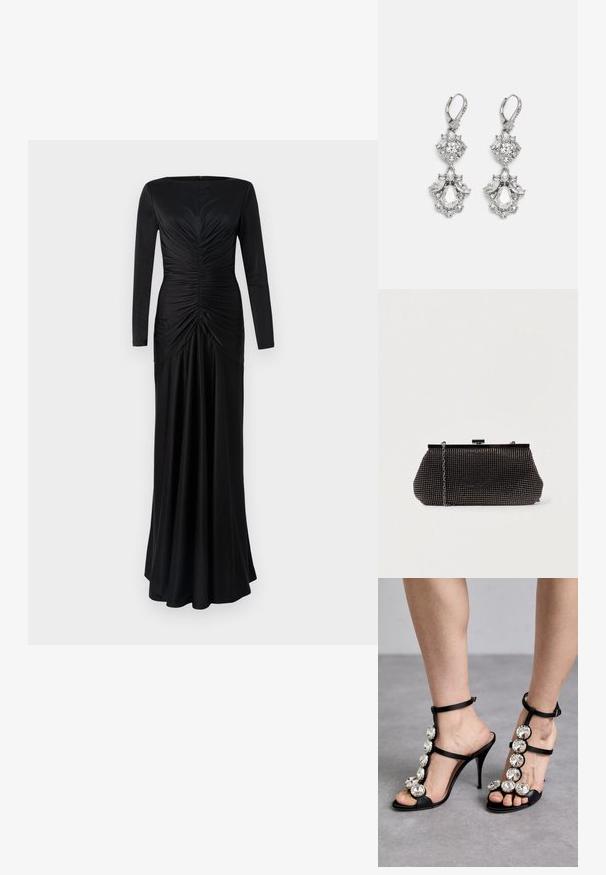 Vestido negro de manga larga con un cuerpo ajustado, detalles fruncidos en la parte delantera y una falda fluida. Tejido suave y un escote redondo.; Sandalias de tacón alto negras con correas de satén y grandes acentos de rhinestone circulares a lo largo del arco y el tobillo, diseño de punta abierta.; Bolso de mano negro de malla con una silueta estructurada, adornado con pequeños tachuelas metálicas, que cuenta con un cierre de broche y una correa de cadena desmontable.; Pendientes de tono plateado que presentan múltiples piedras de cristal transparente en formas de lágrima y marquesa, con cierres de palanca y un detallado intrincado.