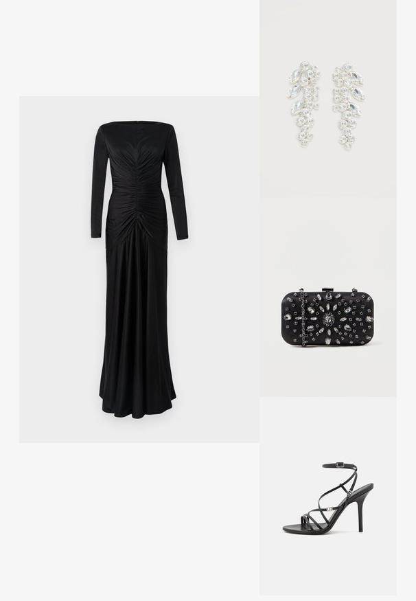 Vestido negro de manga larga con un cuerpo ajustado, detalles fruncidos en la parte delantera y una falda fluida. Tejido suave y un escote redondo.; Sándalo negro de tacón alto con tiras finas, hebilla en el tobillo, superficie de cuero suave y tacón de aguja esbelto.; Clutch negro de forma rectangular, decorado con varios strass en un patrón floral, con una cadena plateada para llevar.; Par de pendientes en tono plateado con cristales claros facetados agrupados en formas redondas y marquesas sobre fondo blanco.
