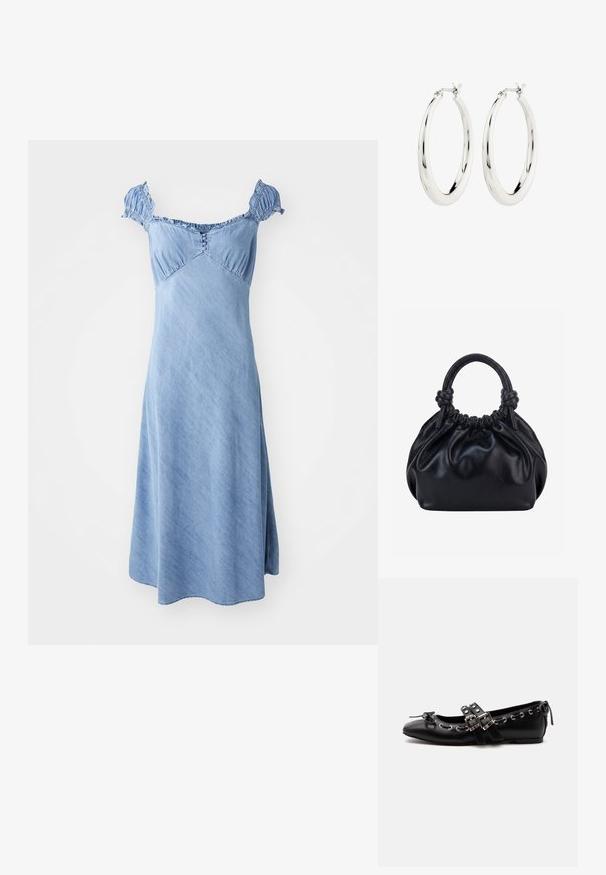 Robe en denim de couleur bleu clair avec des manches courtes et froncées, un corsage ajusté et une jupe évasée. Présente des détails de boutons à l'avant.; Chaussure de ballet plate noire avec doubles brides à boucle, œillets argentés et petit nœud près de l’orteil arrondi sur fond blanc.; Sac à main en cuir noir souple avec le dessus froncé et deux grosses poignées nouées sur un fond uni clair.; Boucles d'oreilles créoles en argent avec une finition lisse et brillante. Forme circulaire, dotée d'un fermoir sécurisé. Design simple et élégant.
