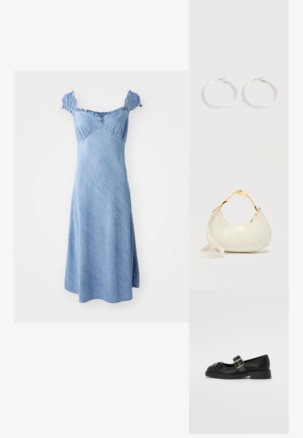 Robe en denim de couleur bleu clair avec des manches courtes et froncées, un corsage ajusté et une jupe évasée. Présente des détails de boutons à l'avant.; Chaussure Mary Jane en cuir noir avec un bout arrondi, une sangle à la cheville et des détails en boucle argentée. Présente une semelle plate et épaisse ainsi qu'un accent en nœud.; Sac à main crème en forme de croissant avec poignée courte brillante dorée et bandoulière longue assortie sur un fond clair uni.; Paire de boucles d'oreilles créoles argentées brillantes avec fermoirs en fil fin, présentée sur un fond gris clair.