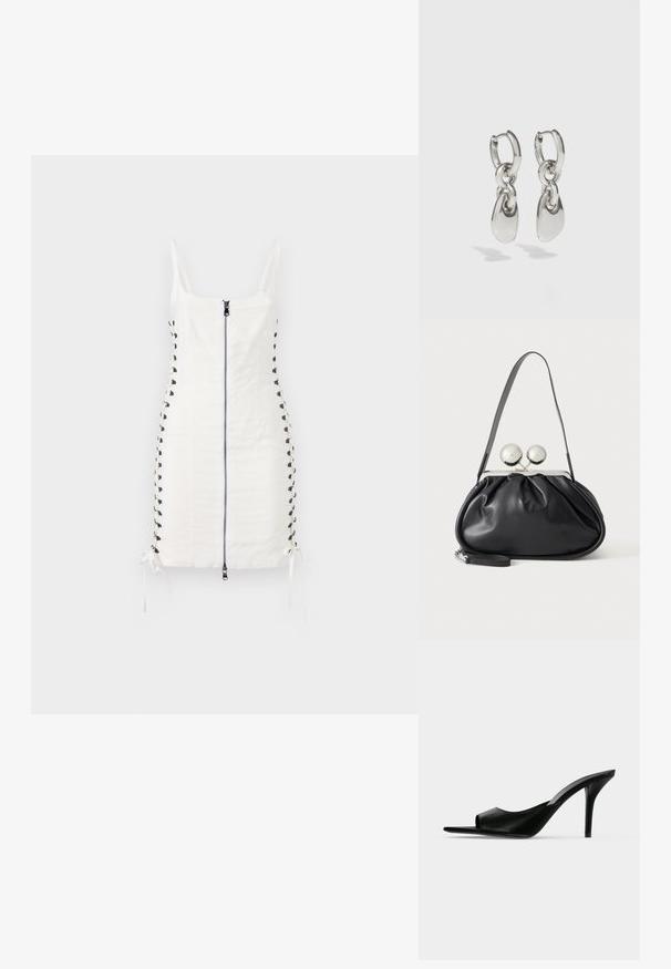 Robe ajustée blanche avec fermeture éclair à l'avant et détails en dentelle sur les côtés. Elle présente des liens ajustables à l'ourlet et des bretelles fines. Texture de tissu lisse.; Mule à talon haut en cuir noir à bout ouvert avec un talon stiletto fin, vue de profil sur un fond uni.; Sac à main en cuir noir avec un design plissé, une sangle unique, un cadre métallique argenté et deux grandes fermoirs ronds en argent.; Boucles d'oreilles en argent avec des maillons ovales allongés, présentant une finition polie et un pendentif tombant texturé. Design simple avec des bords lisses.