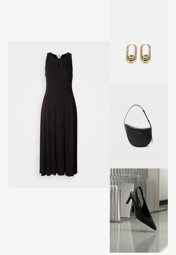 Schwarzes ärmelloses Maxikleid mit Schlüssel-Ausschnitt, taillierter Passform und schwingendem Rock. Der Stoff hat eine glatte Textur mit sichtbaren Nähdetails.; Schwarzer, spitz zulaufender Slingback-Pumps mit hohem Absatz, schwebt in der Luft über einem glänzenden Boden, im Hintergrund gestapelte Ordner.; Schwarze halbmondförmige Lederschultertasche mit verstellbarem Schulterriemen und goldenem "BOSS"-Logo mittig vorne.; BOSS DOUBLE B SWING - Ohrringe - gold-coloured