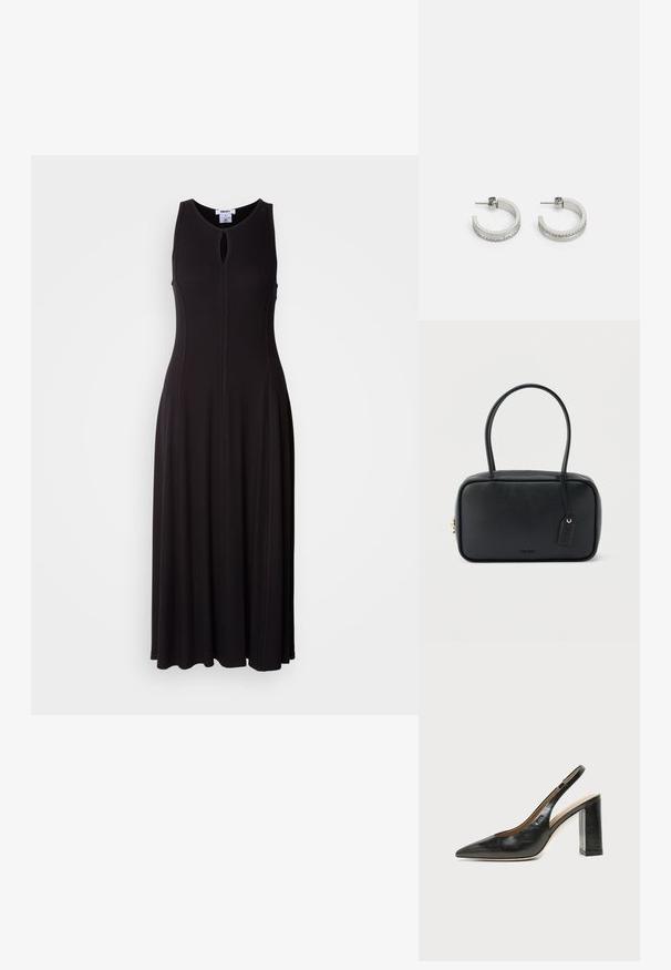 Vestido largo sin mangas negro con cuello en forma de llave, cuerpo entallado y falda acampanada. La tela tiene una textura suave con costuras visibles.; Zapato slingback de piel negra con puntera puntiaguda, tacón alto y ancho, y forro interior beige sobre un fondo claro y liso.; Bolso rectangular negro con asas dobles redondeadas, cremallera dorada y logo "HUGO" en relieve en el frente con etiqueta de cuero adjunta.; Pendientes de aro plateados con una superficie lisa y una fila de pequeñas piedras transparentes a lo largo del borde inferior, con cierre de perno.